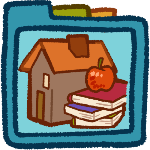 A house, books and an apple in a teal folder with green and orange tabs.